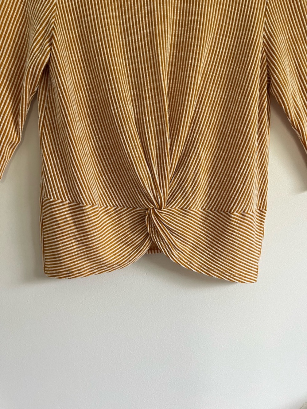 W5 Anthropologie Mustard Yellow White Striped Twist-Front 3/4 Sleeve Top - Picture 2 of 6